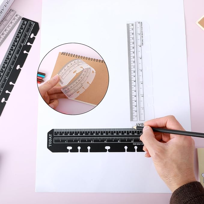 Ymapinc 4PCS Notebook Ruler,Clear A5 6-Ring Binder Ruler with Holes Book Marker & Measuring Tool for Notebooks, 8.7x1.8 Inch, Black & Transparent (Combo Pack)