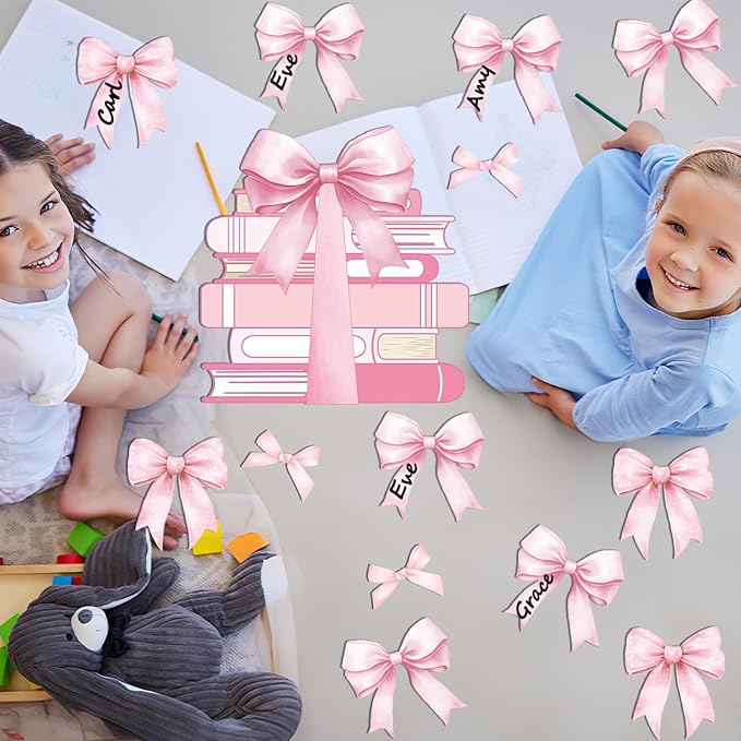 Pink Bow Bulletin Board Set Motivational Kindness Classroom Bulletin Board Decorations Bow Reading Book Cutouts Border Classroom Decorations for Back to School Office Home Chalkboard Decor Wall Door