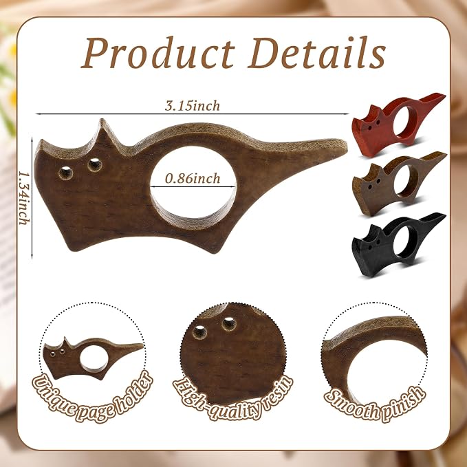 MotiMind 3 Pcs Wooden Thumb Book Page Holders One-Hand Reading Bookmarks for Book Lovers Portable Wood Books Holders for Thick Thin Books Bookworm Gifts for Women Readers(Cat,Medium)