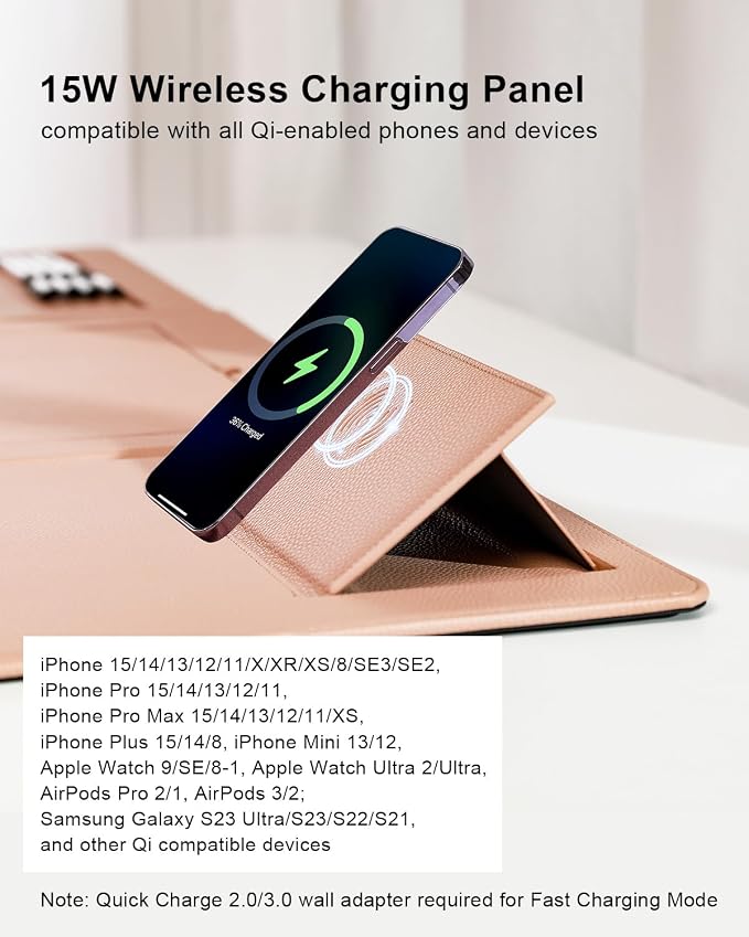 4-in-1 Laptop Stand for Desk Built-in Wireless Charging Pad, 15W, Qi-Certified, PU Leather Wireless Charging Mouse Pad, Laptop Holder on Top of Desks for Office