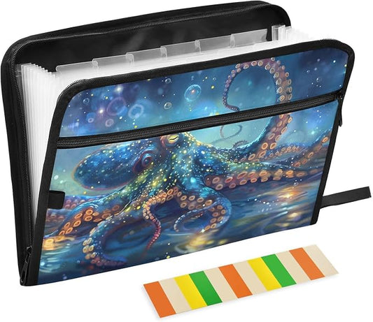 Expanding File Folder Octopusfish Blue Accordion File Organizer 13 Pockets Document Organizer with Zipper Labels A4 Letter Office Storage