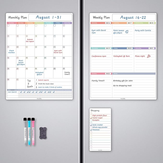 ALEZEL Magnetic Fridge Calendar Whiteboard, Dry Erase Refrigerator Calendar Set (3 Boards) - Magnetic Weekly Calendar for Fridge, Dry Erase Calendar, Grocery List White Board, 3 Markers + Eraser