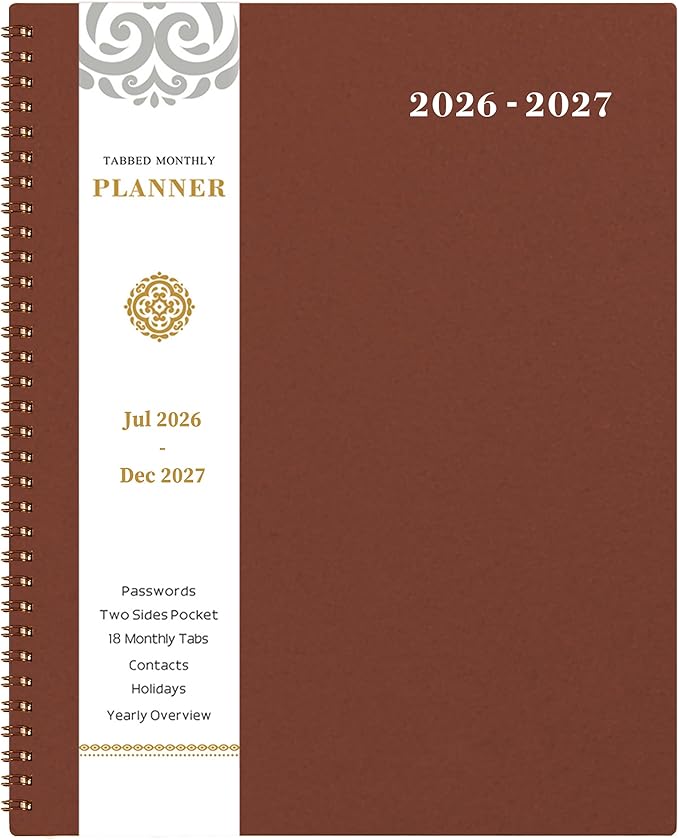 2026-2027 Monthly Planner - Planner/Calendar 2026-2027, Jul 2026 - Dec 2027, 9" x 11", 18 Monthly Planners with Tabs, Pocket, Label, Contacts and Passwords, Twin-Wire Binding- Reddish Brown
