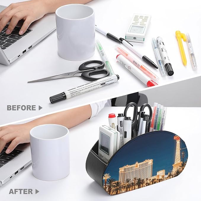 Las Vegas Night Remote Control Holder TV Remote Caddy with 5 Compartments PU Leather Storage Box Stylish Desk Organizer for TV/DVD/Accessories Desk Office Supplies Home