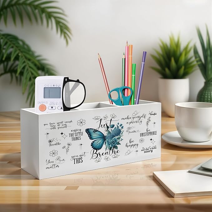Just Breathe Inspirational Pen Pencil Holder, Therapy Office Decor, Teal Butterfly Flower Mental Health Pencil Pen Holder Organizer for Home Counseling Office Desk Accessories