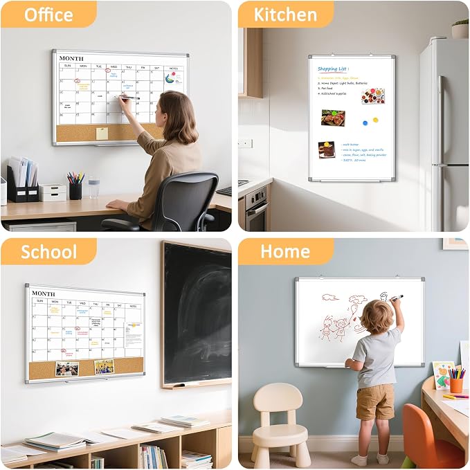 Dry Erase Calendar Whiteboard for Wall, 30"x20" Magnetic Monthly White Board Cork Board Combo, Double Sided, Aluminum Frame, Wall Hanging Wipe Board for Home, Office, School, Dorm