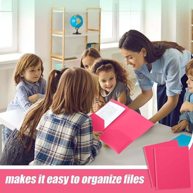 Gueevin 100 Pack Plastic Folder with Pockets, 2 Pocket Folders, Plastic Glossy Folders Fit Letter Size Paper, Heavy Duty Durable File Folder with Business Card for Home Office School (Hot Pink)