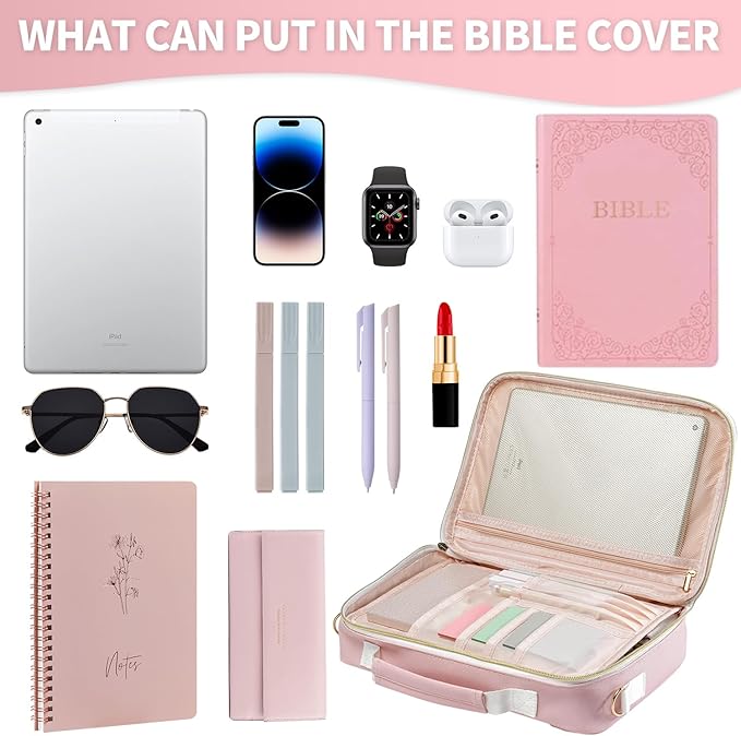 KOPKOFT Bible Cover Case for Women, Large Chenille Letter Leather Bible Case with Bible Study Accessories, Bible Study Supplies Bible Journaling Kit, Christmas Christian Gift for Women Girls (Pink)