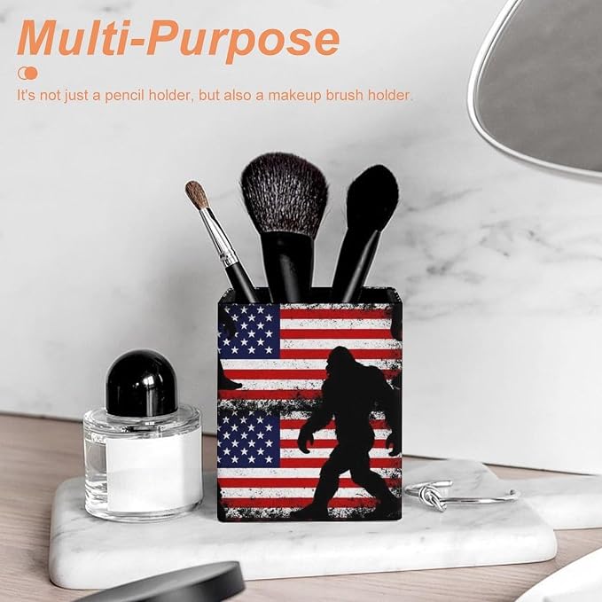 Holder Cup Makeup Brush Storage Organizer, Waterproof Multifunctional Office Supplies, Pen Holder Square Leather Pencil Sasquatch American Flag