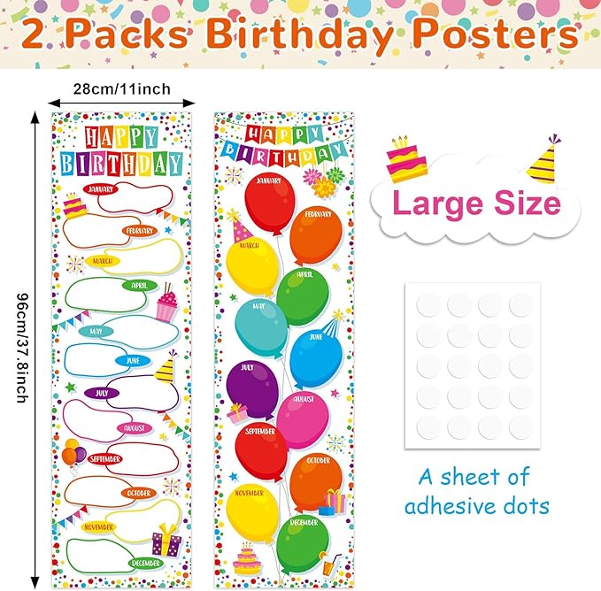Confetti Happy Birthday Poster Chart Calendars Bulletin Board Decorations Colorful Birthday Classroom Wall Door Decor for Bulletin Boards Nursery Home Kindergarten Back to School Supplies