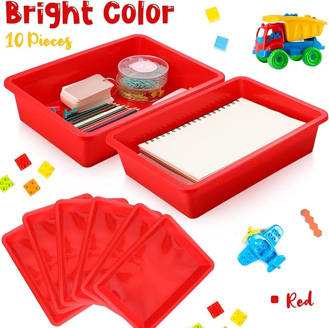 Hoteam 10 Pcs Flat Storage Organizer Tray Bin Paper Tray for Classroom Plastic Stackable File Organizer for School Office Teacher Book Organization(Red,13.78 x 9.84 x 3.15 Inch)