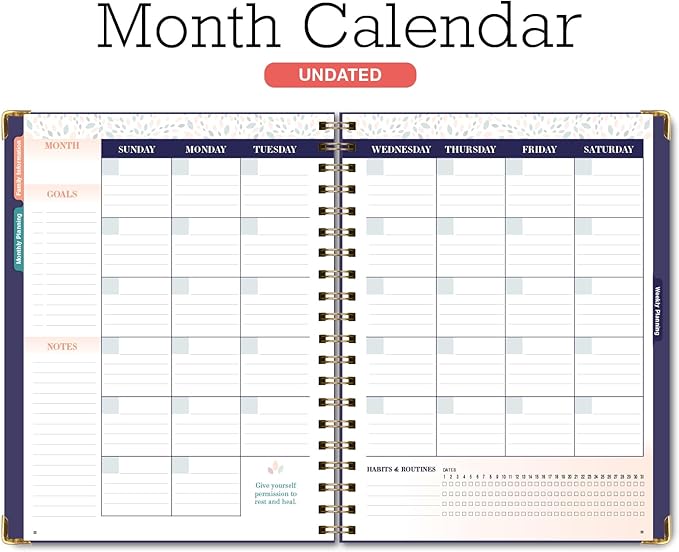 Undated Family Planner Organizer – 8.5" x 11" Weekly & Monthly Calendar for 5+ People, Meal Planning, Budgeting, Habit Tracker – Hardcover, Household Schedule Organizer for Parents, Kids, & Caregivers (Small Navy Floral)