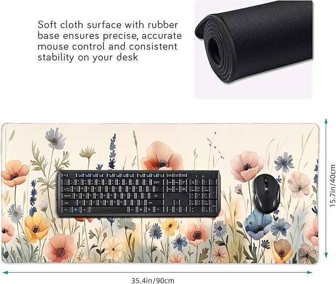 35.4" x 15.7" Watercolor Wildflower Extended Mouse Pad, Floral Botanical Desk Mat with Non-Slip Base, Water Resistant for Gaming & Office