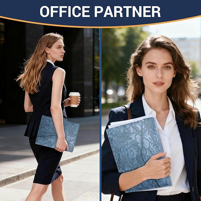 Embossed Professional Trifold Padfolio with Magnetic Closure – A4 Letter Portfolio Organizer for Business Meetings, Interviews & Presentations, Document Folder with Notepad Holder Blue