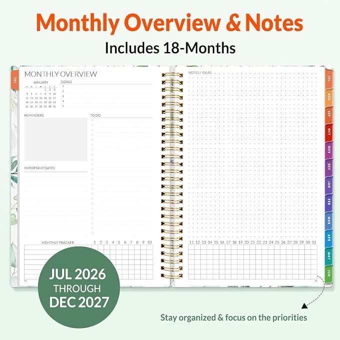 SUNEE Monthly Planner 2026-2027 - 18 Months Calendar Planner from Jul 2026 to Dec 2027, 7"x10" Yearly Planner with Tabs, Spiral Binding, Organizer for School Office Home, Greenery
