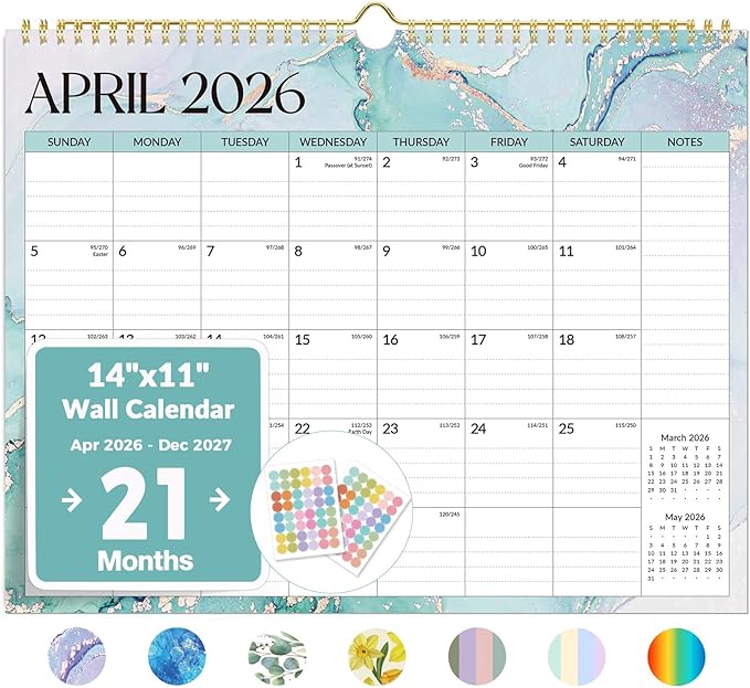2026 Calendar, Forvencer 21-Month Wall Calendar 2026, Apr 2026 - Dec 2027, 14" x 11" Large Monthly Planner Calendars with Notes Section & Stickers, Ruled Block, Spiral Binding Hanging for Home Office