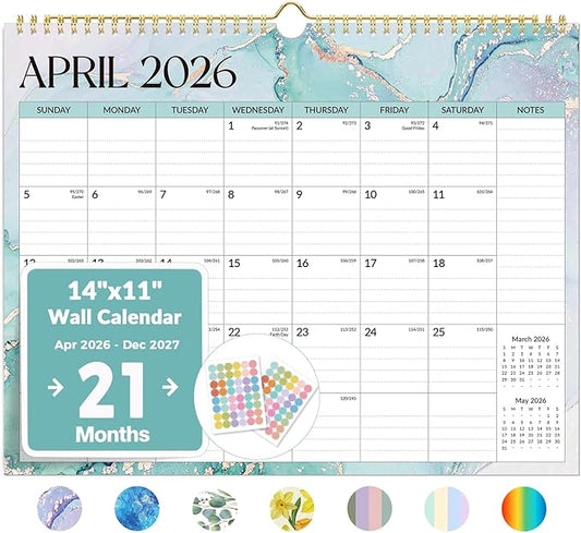 2026 Calendar, Forvencer 21-Month Wall Calendar 2026, Apr 2026 - Dec 2027, 14" x 11" Large Monthly Planner Calendars with Notes Section & Stickers, Ruled Block, Spiral Binding Hanging for Home Office