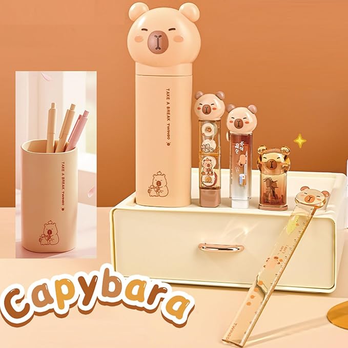 MOZXIRZ 5 Pcs Cute Capybara Stationery Set Cartoon School Supplies Kawaii Office Supplies Including Eraser Pencil Sharpener Ruler Correction Tape Glue Cute Stationery Kit (5Pcs Capybara-1)