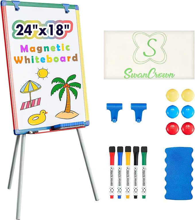 Dry Erase Board White Board for Kids 24x18 inch Art Easel for Kids Magnetic Tripod Whiteboard Art Easel and Flipchart Board with a Height-Adjustable Stand Perfect for Kid