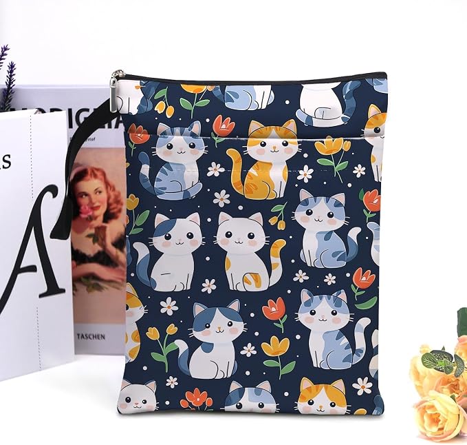 Cat Book Sleeve,Book Covers for Paperbacks,Book Sleeves with Zipper, Book Pouch Cat Lover Gifts for Women Teacher Daughter Graduation Birthday Gifts (White-Cat, Large)