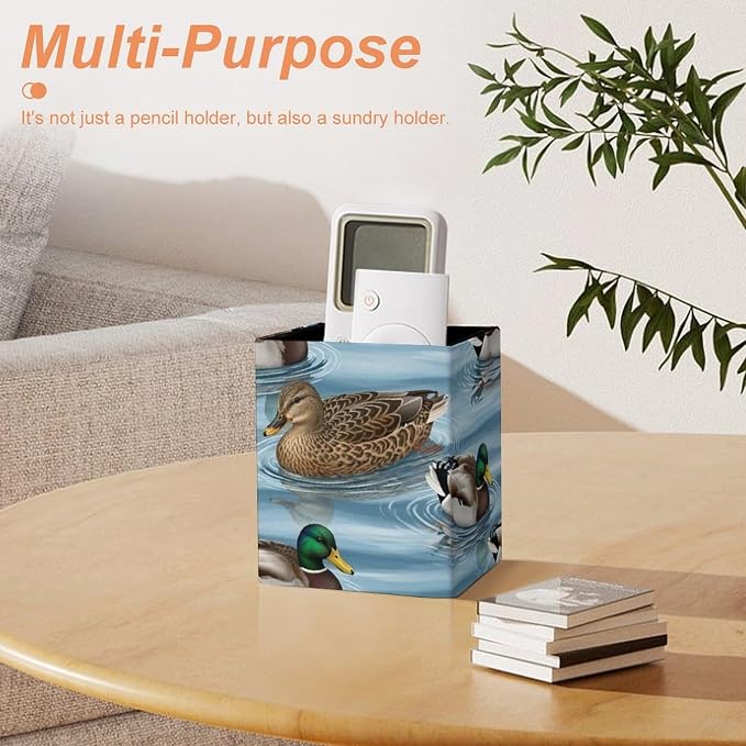 Pen Holder Square Leather Pencil, Holder Cup Makeup Brush Storage Organizer, Waterproof Multifunctional Office Supplies Blue Animals Mallard Ducks Wild Birds