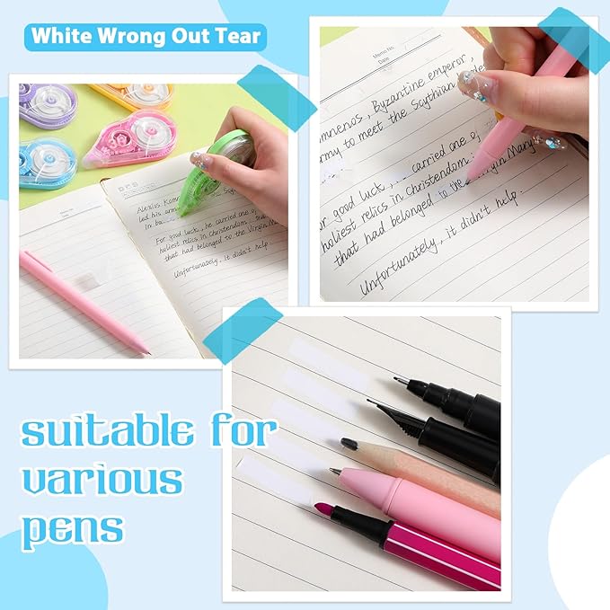 50 Pcs Colorful Correction Tape with Protective Cap, 39.4 Ft White Wrong Out Tear Roller Easy to Use Applicator for Instant Corrections School Office Supplies (Tape Width 0.2 in)