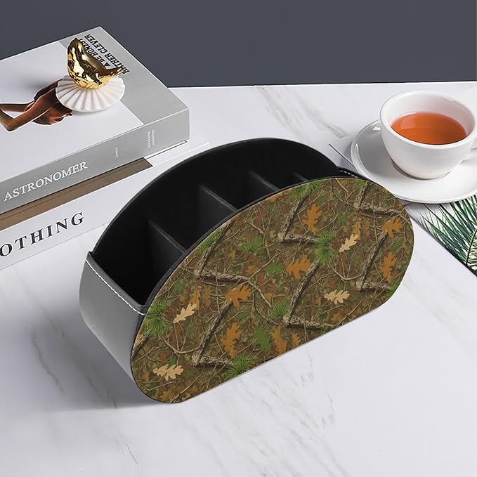 5-Slot Remote Storage Box, PU Leather Desk Organizer for TV Remotes, Makeup Brushes, and Bedside Table, Hunting Realistic Camo Tree Camouflage