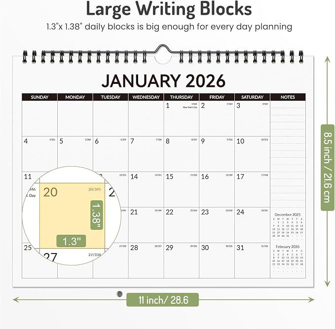 Forvencer 2026 Calendar, 18-Month Wall Calendar 2026, Jan 2026 to Jun 2027, 11" x 8.5" Monthly Planner Calendars with Note Pages & Stickers, Unruled Blocks, Spiral Binding Hanging for Home Office