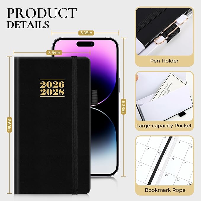 KONVINIT Pocket Calendar 2026-2028, 24-Month Pocket Calendar 2027 Planner Runs from July.2026 Until June.2028, Black PU Monthly Planner with Inner Pocket, Pen Loop, Elastic Closure for School & Office Supplies, 3.54”×6.69”