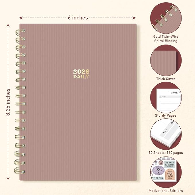 Sweetzer & Orange 2026 Planner – 6" x 8.25" Dated Daily, Weekly & Monthly Calendar Planner – January to December 2026 – Tiramisu Design with Motivational Stickers, Gold Spiral & Sturdy Paper