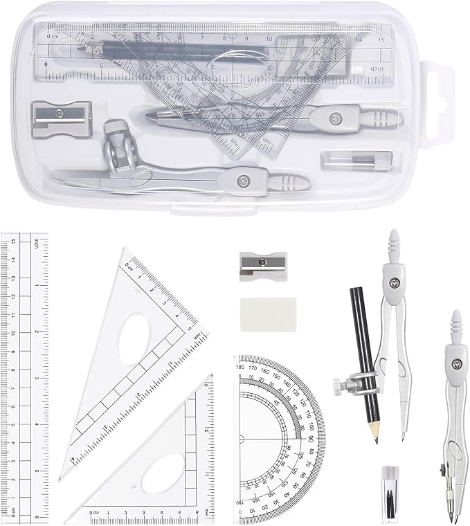 Vobou Math Geometry Kit Sets 10 Piece Student Supplies with Shatterproof Storage Box,Includes Rulers,Protractor,Compass,Eraser,Pencil Sharpener,Lead Refills,Pencil,for Drafting（White）