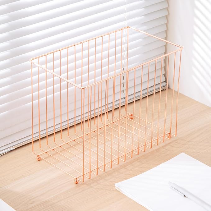 Y YOMA 1 Pack Rose Gold Desktop Hanging File Organizer | 12 Pack Rose Gold Hanging File Folders with Tabs & Insert | Letter Size Metal File Kit for Desk Home Office, I Shaped