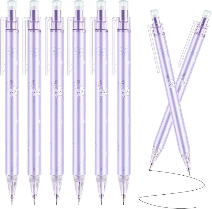 6Pcs Cute Purple Cherry Blossom Mechanical Pencils 0.5mm&0.7mm Mechanical Pencil Kawaii Pencils School Pencil for Students Women Office School Suppies