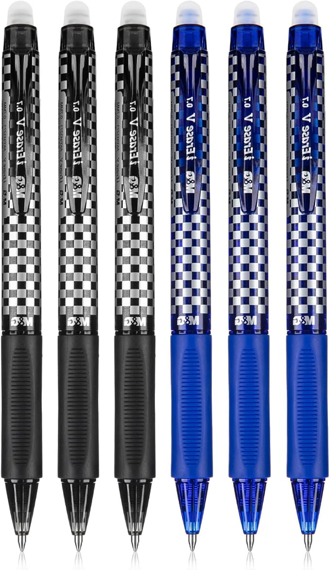M&G Erasable Pens, 6 Pcs Blue and Black Ink Medium Point 0.7mm Black Ink Eraserable Gel Pens for School, Journaling, & Office Writing Crossword Puzzles