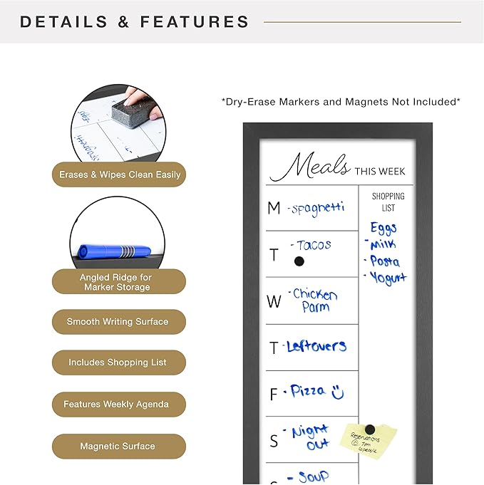 MCS Dry Erase Weekly Meal Planner 11x24 Black Framed Calander Whiteboard for The Wall, Plan Your Meals for The Week, Family Weekly Planner for Dinners & More–Including Shopping List