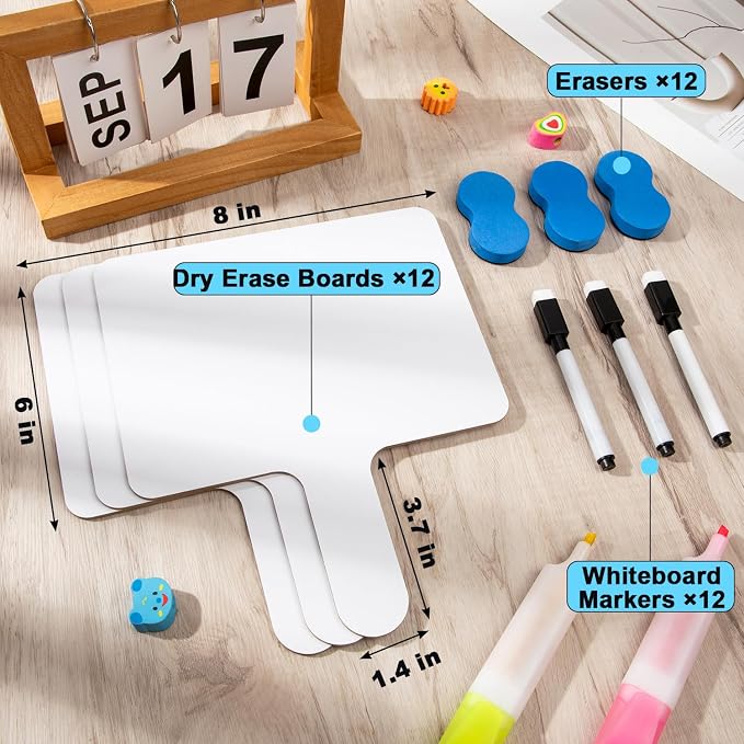 Dry Erase Paddles with Handle, 12Packs Double-Sided Answer Whiteboards, Markers and Erasers for Classroom Teaching Tools
