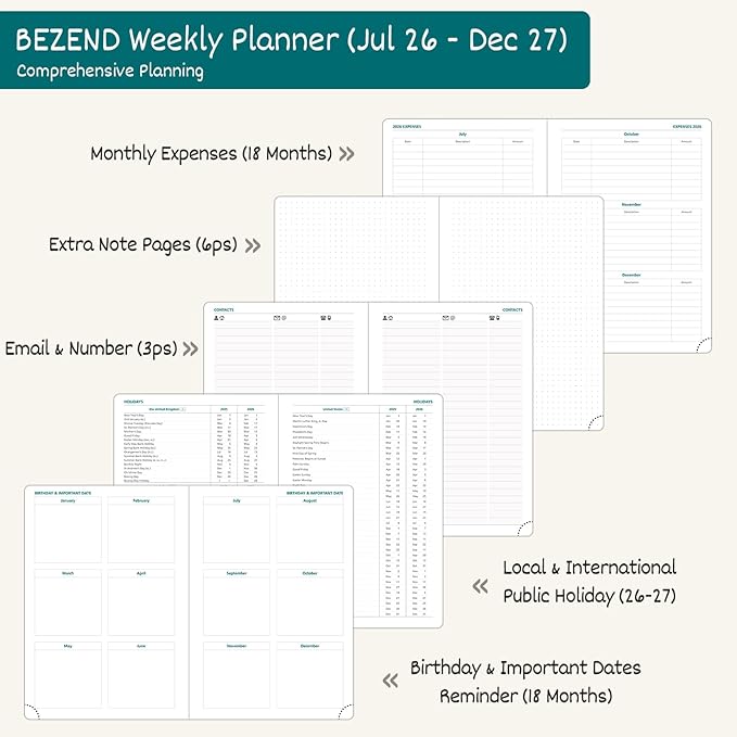 BEZEND Weekly Planner 2026-2027 (6" x 8.5") 2-Column Dual Schedule for Work/School/Home or 2 Person (Jul 26-Dec 27) 18 Months Academic Calendar with Tabs, PU Leather Hardcover -Burgundy