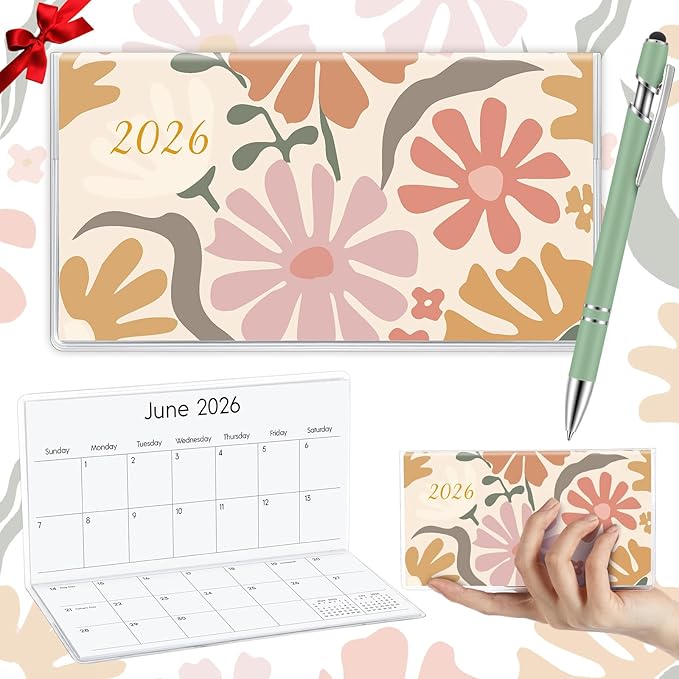 Gueevin 2026 Pocket Calendar for Purse with Pen Small Pocket Planner Handy Weekly Monthly Planner Journal Writing Notebook Valentine New Year Gift Sister Friend Women(Cartoon Flower,Morandi Green)