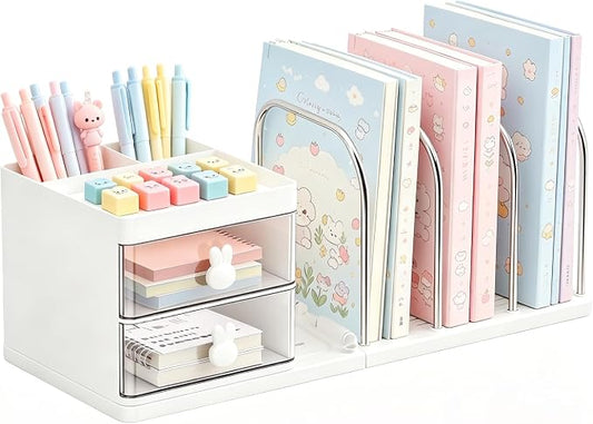 SAYEEC Desk Organizer with File Sorter Detachable Desktop Organizer 4 Sections Adjustable Bookends Plastic Storage Box with 2 Drawers Multi-Functional Pen Pencil Holder File Organizers for Office Home