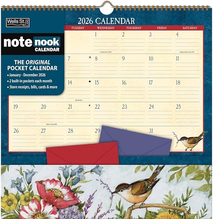 WSBL Heart & Home 2026 Note Nook Wall Calendar – 12-Month Organizer Calendar with Dual Storage Pockets, Tranquil Home & Garden Artwork by Susan Winget, 12″ × 12.125″