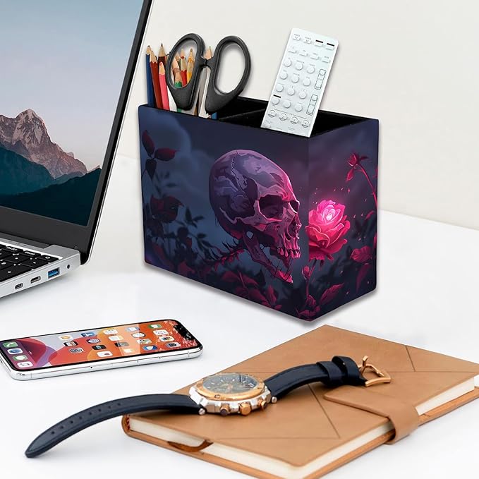 Pen Holder, Pencil Case, Makeup Brush Storage Box, Tableware Storage Box, Suitable for Office Or Home Item Organizing Stand - Rose Skull