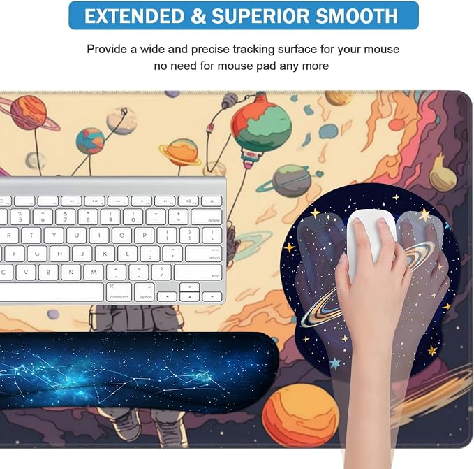 AQQA 5-in-1 Large Gaming Mouse Pad, Mousepad with Wrist Support Set- Ergonomic Gaming Desktop Mouse Pad Wrist Rest - Cup Coaster, Keyboard Mouse Mat, Desk Pad with Stitched Edges,Universe