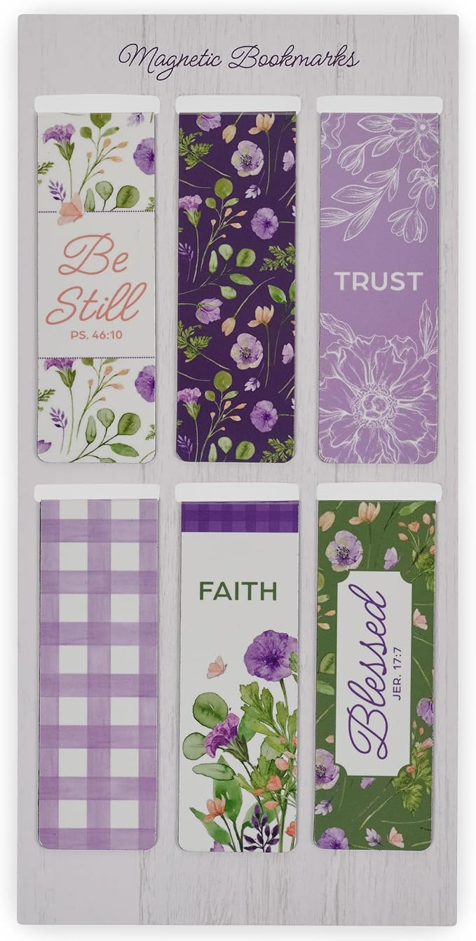 Christian Art Gifts Colorful Inspirational Magnetic Scripture Bookmark Set for Women: Blessed, Inspirational Bible Verses, White, Purple, Green, Pink Floral Theme for Books, Bibles, Papers, Set of 6