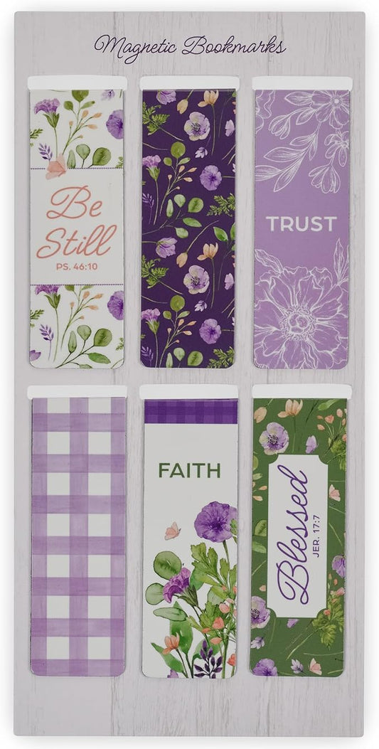 Christian Art Gifts Colorful Inspirational Magnetic Scripture Bookmark Set for Women: Blessed, Inspirational Bible Verses, White, Purple, Green, Pink Floral Theme for Books, Bibles, Papers, Set of 6