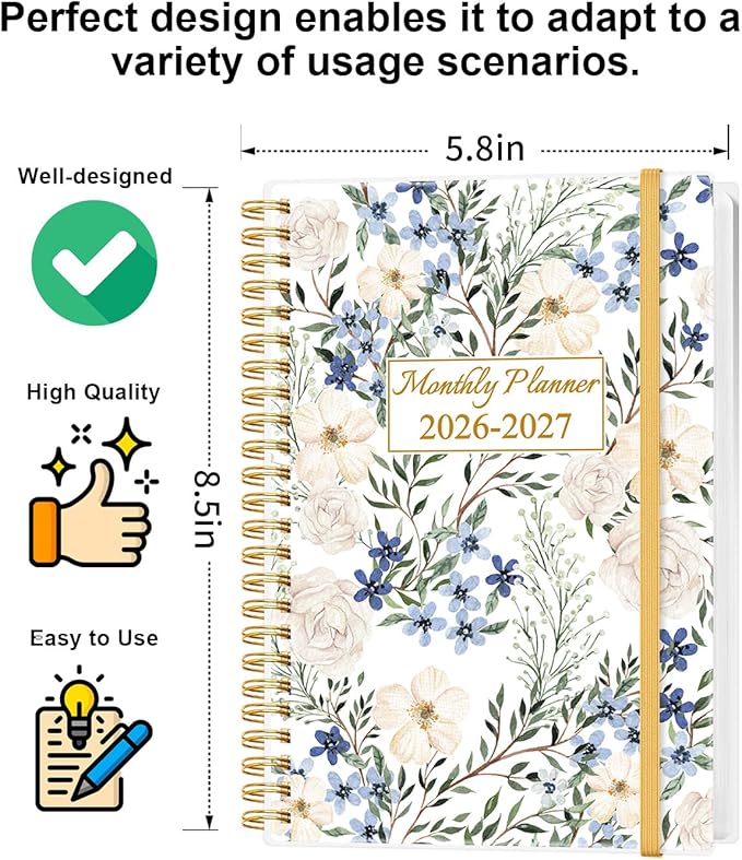 Monthly Planner 2026-2027 - Monthly Calendar from May 2026 to December 2027, 2026-2027 Planner with Inner Pocket, Elastic Band, 5.8" x 8.5", Colorful Large Flower