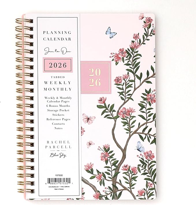 Blue Sky Rachel Parcell 2026 Weekly and Monthly Planner Calendar, January 2026 - December 2026, 5" x 8", Clear Pocket Cover, Durable Twin Wire Binding, Laminated Tabs, Pocket, Stickers, Cherie