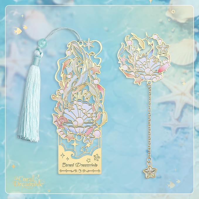 2 Pcs Metal Bookmark Gift Box, Golden Hollow Bookmarks Ocean Painting Theme Book Mark for Women, Book Lovers Writers Readers and Teens, Perfect for Birthday and Graduation Gifts(Green)