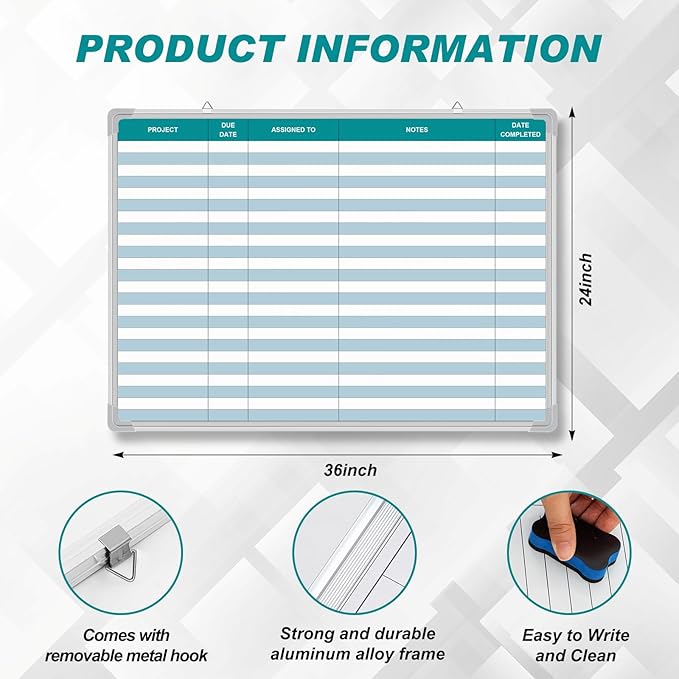 AmazingSpark Lined Whiteboard Blank Grid Aluminum Frame Dry Erase Board Reusable Wall Mounted Board for Scheduling, to Do Lists Weekly Planning Home Work(36 x 24 Inch,Colorful Project Planning)