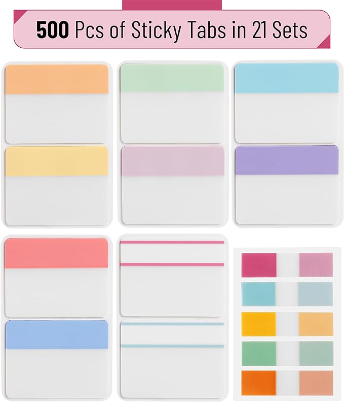 Mr. Pen- Sticky Index Tabs, 500 Pcs, 21 Sets, Pastel, Writable Colored Pages Markers Labels for Reading Notes, Books, Binders, Notebook, Folders and Classify Files, Water-Resistant