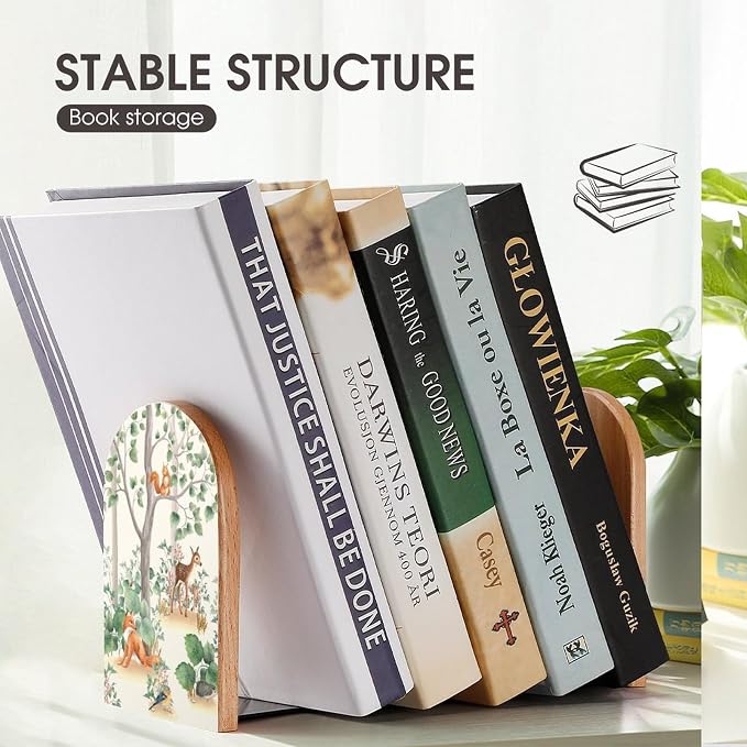 Book Ends Bookends for Shelves to Hold Books Woodland Animals Boho Art Print Small Non-Slip Book Stoppers Wood Decorative Home Office Desk